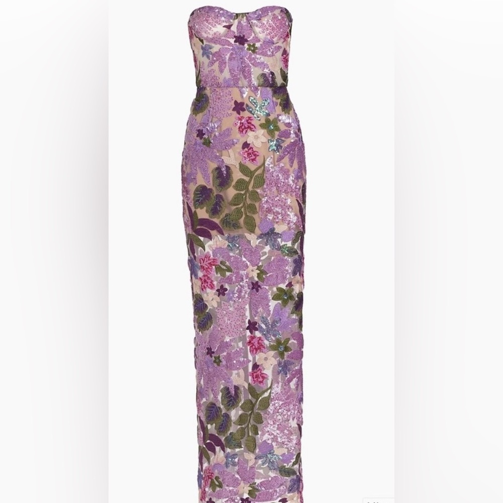 Bronx and Banco Dahlia Lilac Multi Strapless Floral Embroidered Sequin Gown